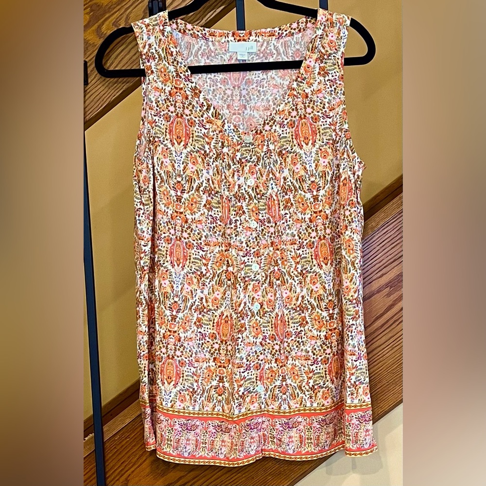 J Jill Sleeveless Button Front Floral Top/orange Multi/SZ. M-petite
